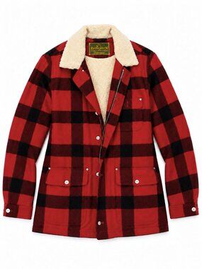 Vintage Evergreen Outerwear 100% Lambswool Buffalo Plaid Sherpa Lined Coat Red L